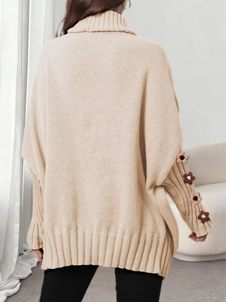 Oversized Turtleneck Sweater with Floral Applique Sleeves