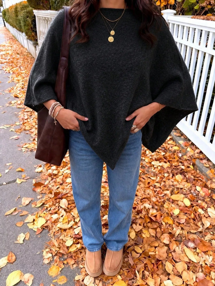 Brushed Loose Shawl Round-Neck Cape Sweater with Bat Sleeves