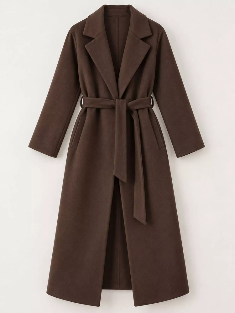 Lapel Collar Long Sleeve Belted Coat