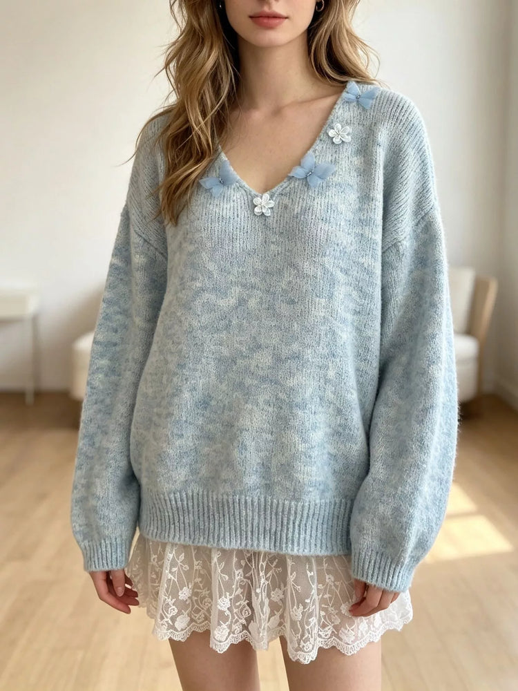 V-Neck Floral Applique Lace Hem Sweater