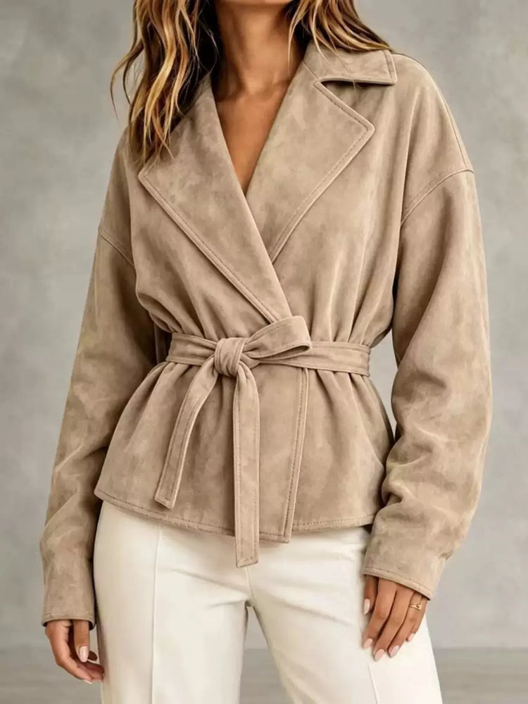 Tie-Waist Lapel Collar Jacket