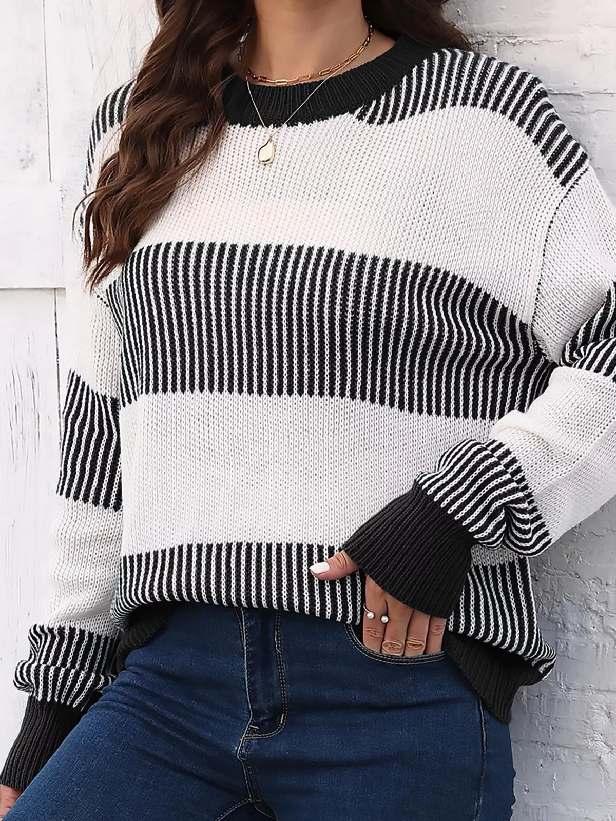 Full Size Striped Color Block Crew Neck Sweater Plus Size