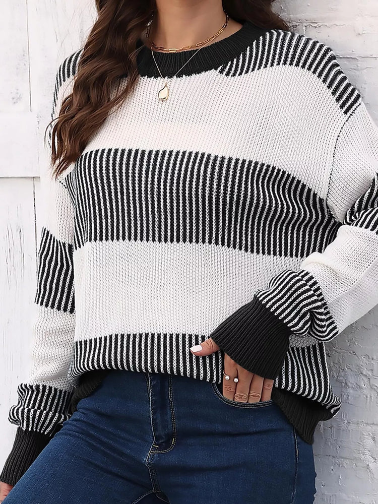 Full Size Striped Color Block Crew Neck Sweater Plus Size