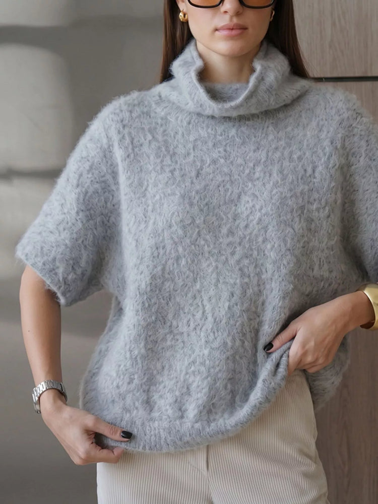 Turtleneck Fuzzy Short Sleeve Sweater