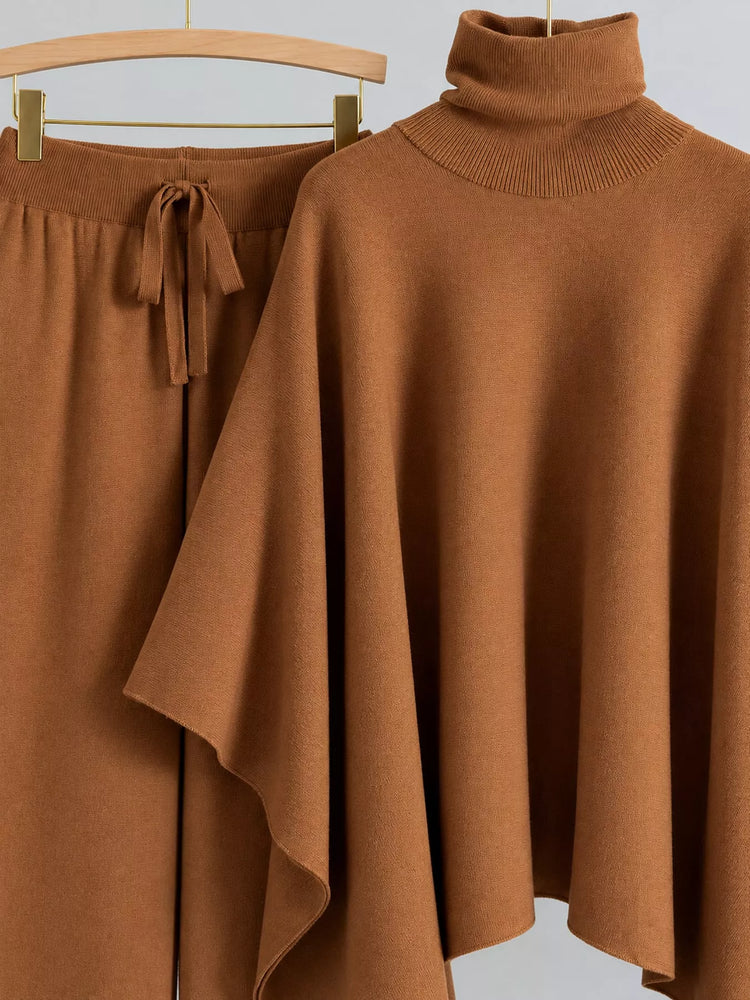 Elegant Turtleneck Poncho Sweater and Wide-Leg Knit Pants Set