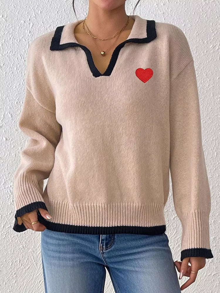 Contrast Trim Heart Embroidered Polo Collar Sweater
