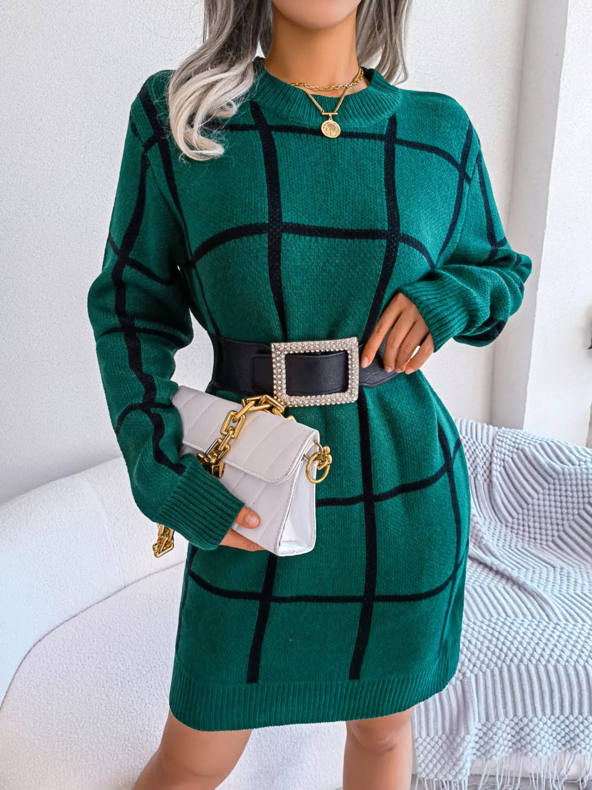 Plaid Pattern Long Sleeve Sweater Dress