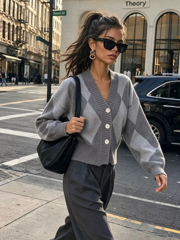 Argyle Pattern V-Neck Button-Down Cardigan
