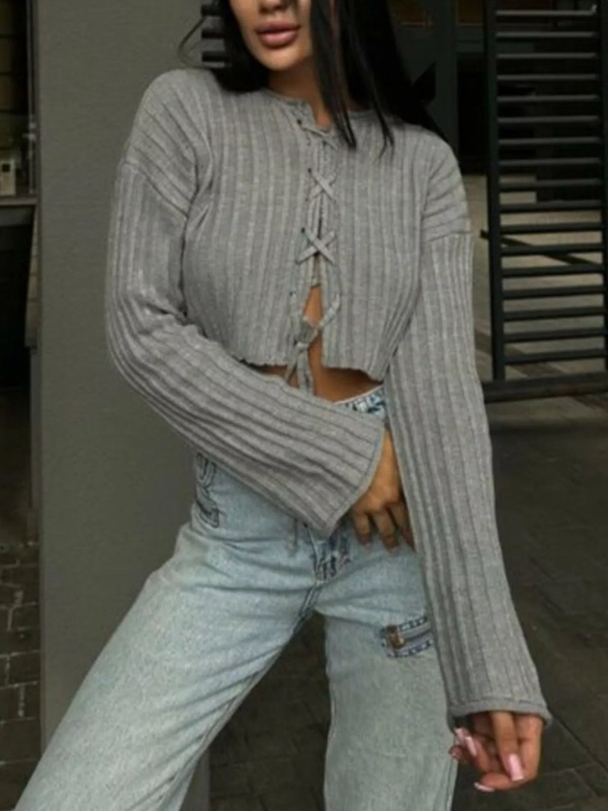 Ribbed Lace-Up Crop Sweater
