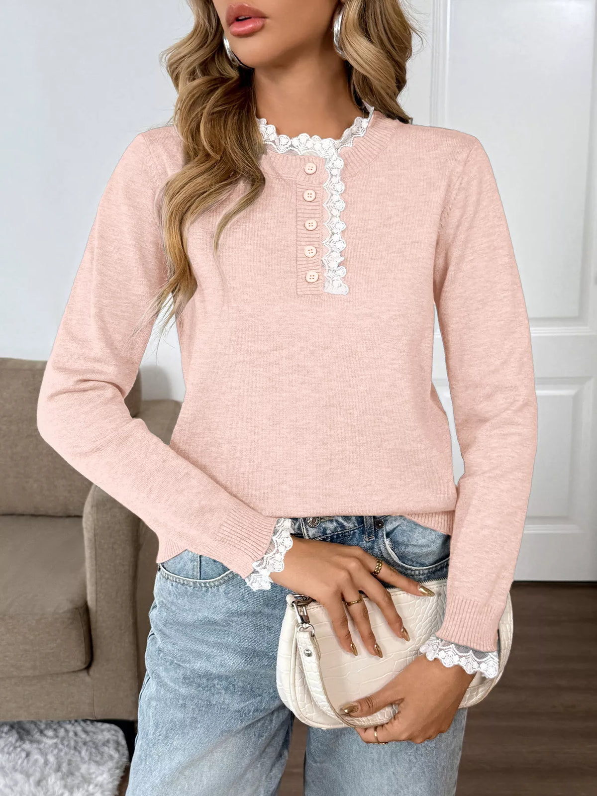 Lace Trim Button Detail Sweater