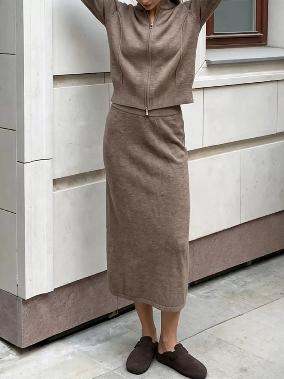 Zip-Up Mock Neck Cardigan and Matching Midi Skirt Sweater Set