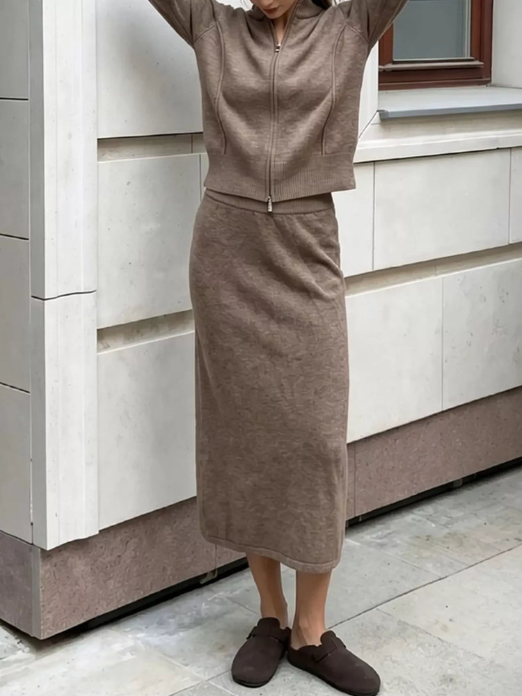 Zip-Up Mock Neck Cardigan and Matching Midi Skirt Sweater Set
