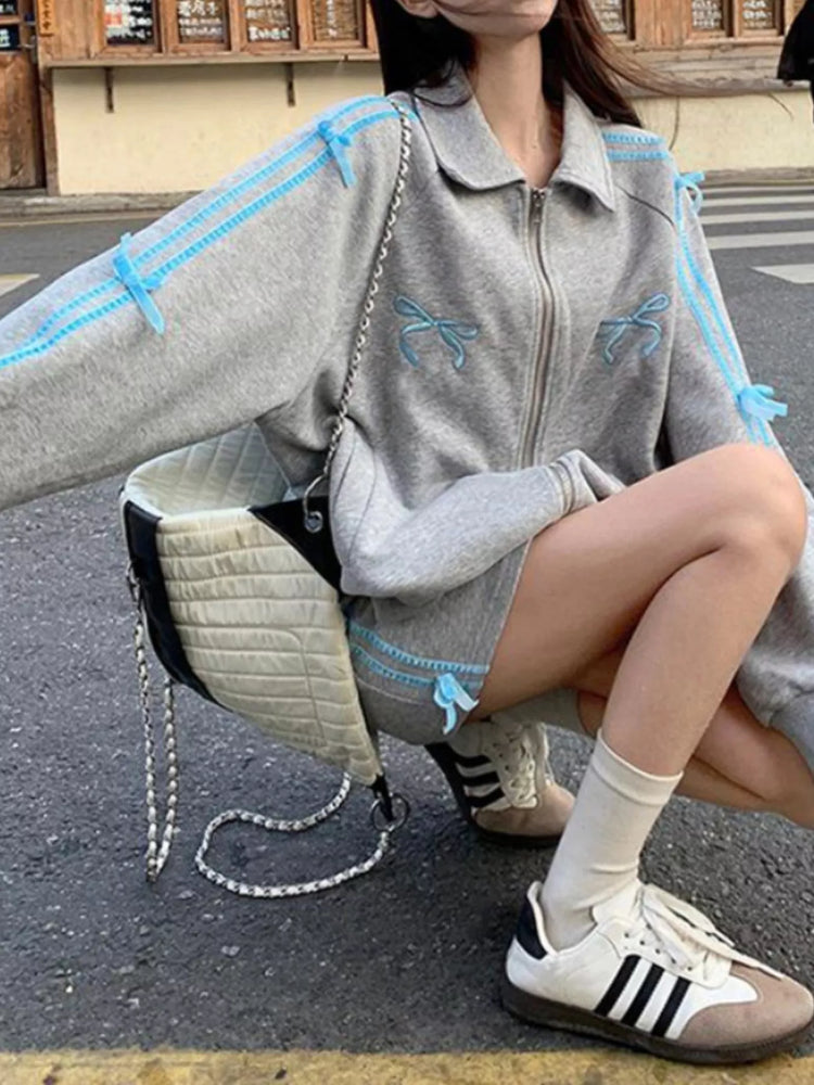Bow Embroidered Zip-Up Sweatshirt