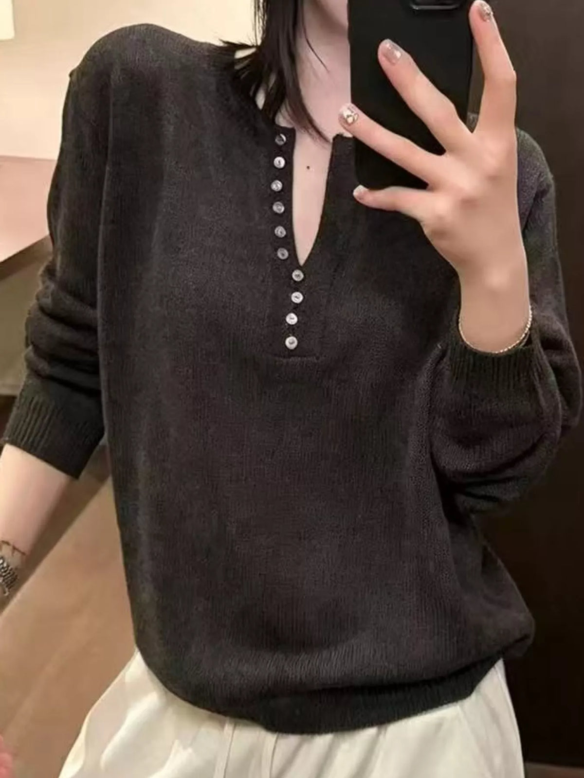 Button Detail Dropped Shoulder Sweater