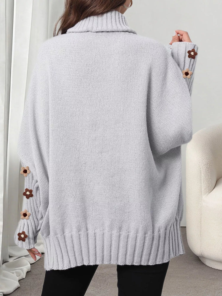 Oversized Turtleneck Sweater with Floral Applique Sleeves