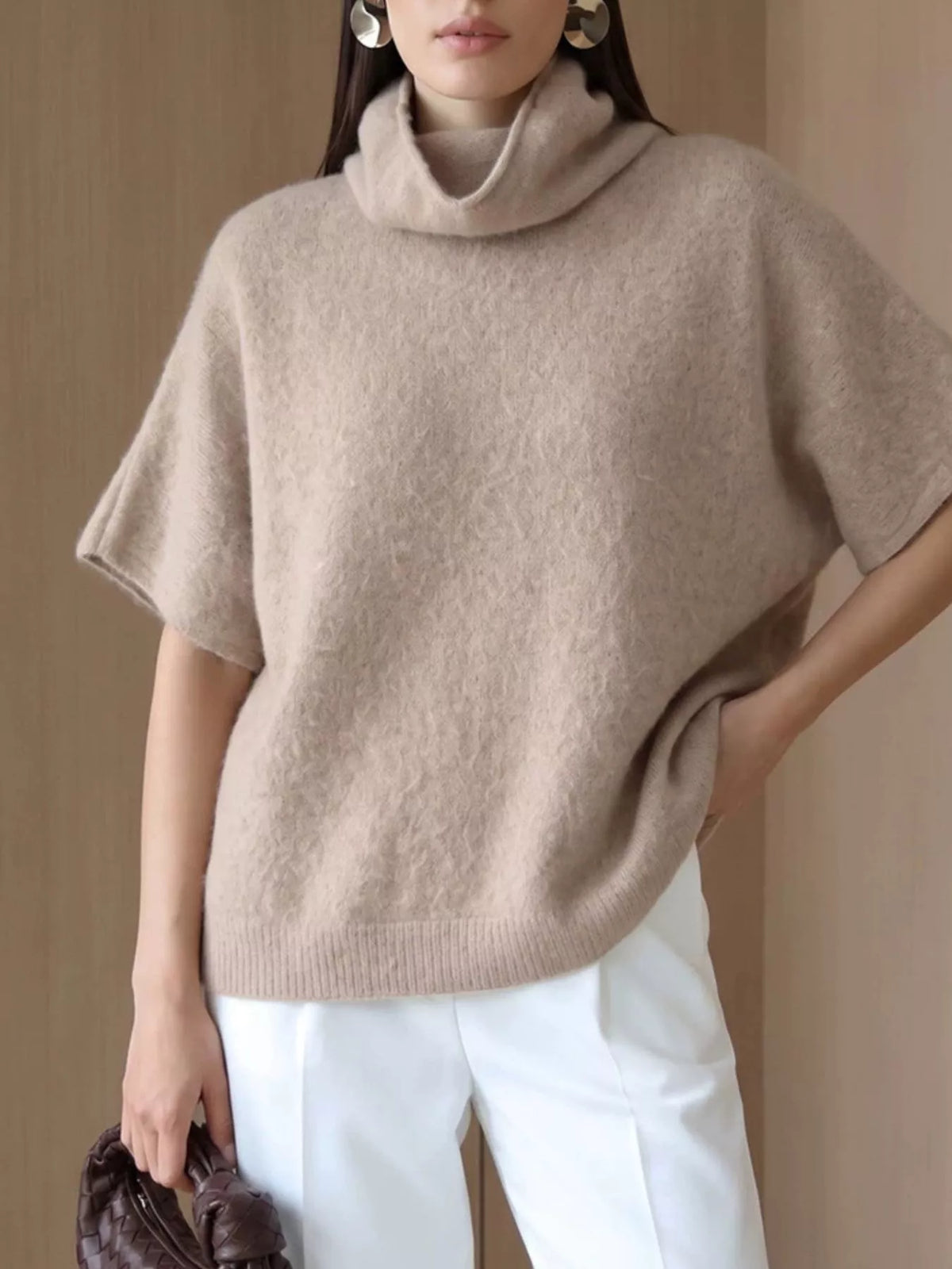 Turtleneck Fuzzy Short Sleeve Sweater