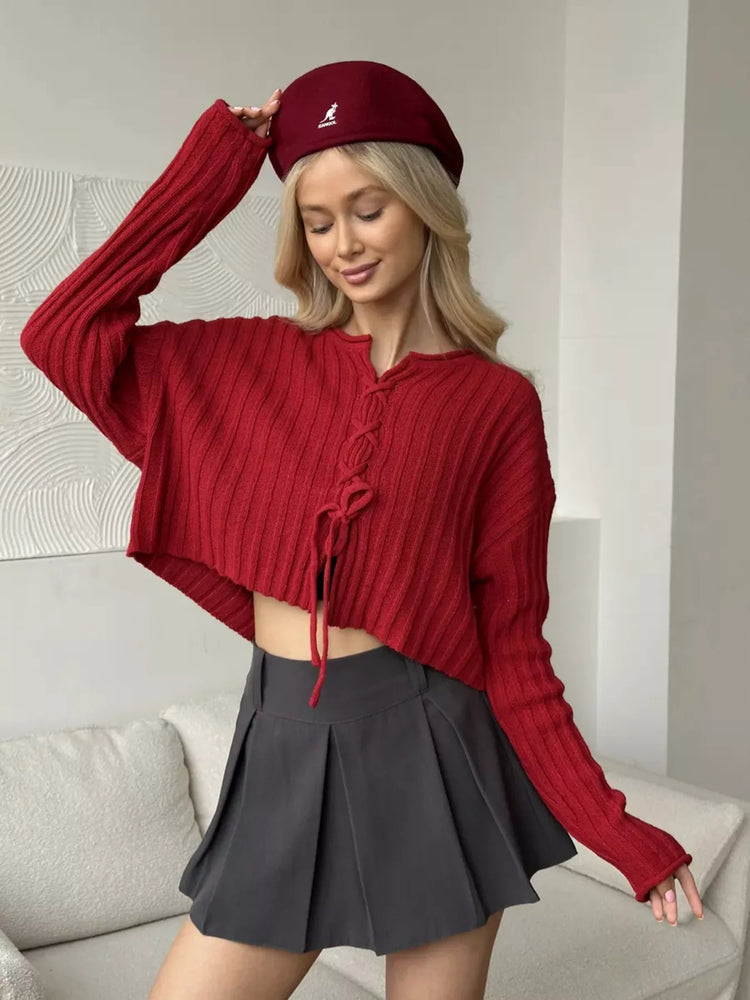Ribbed Lace-Up Crop Sweater