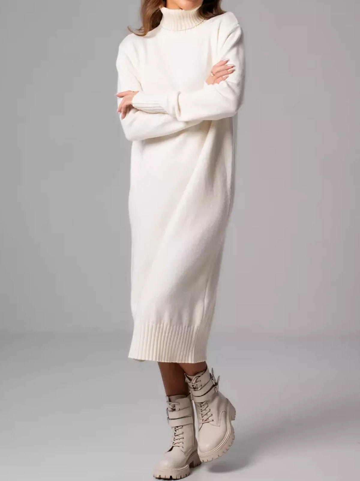Turtleneck Ribbed Knit Sweater Dress