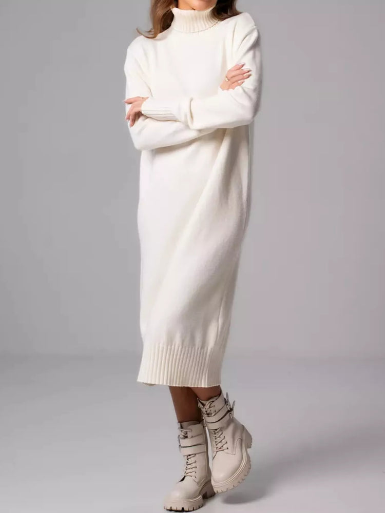 Turtleneck Ribbed Knit Sweater Dress