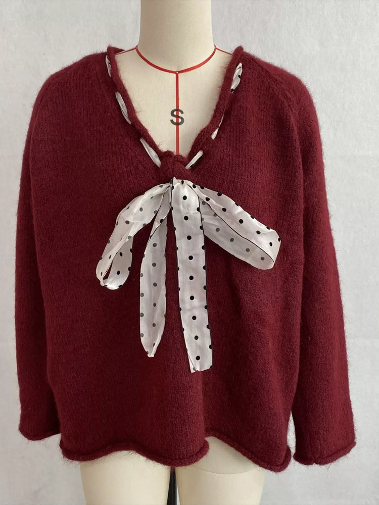 Chic V-Neck Sweater with Polka Dot Ribbon Tie