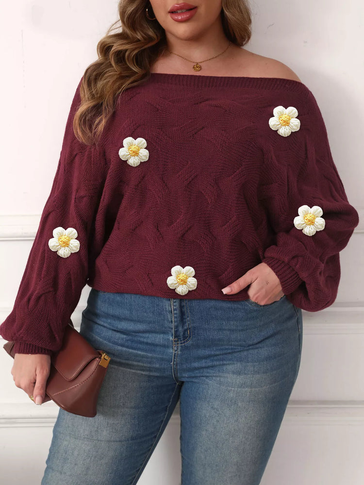 Plus Size One-Shoulder Floral Applique Sweater