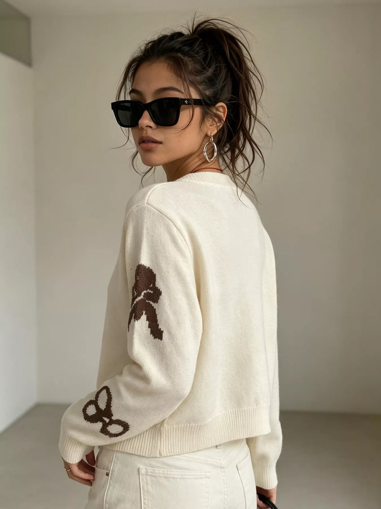 Floral Crew Neck Cropped Knit Cardigan