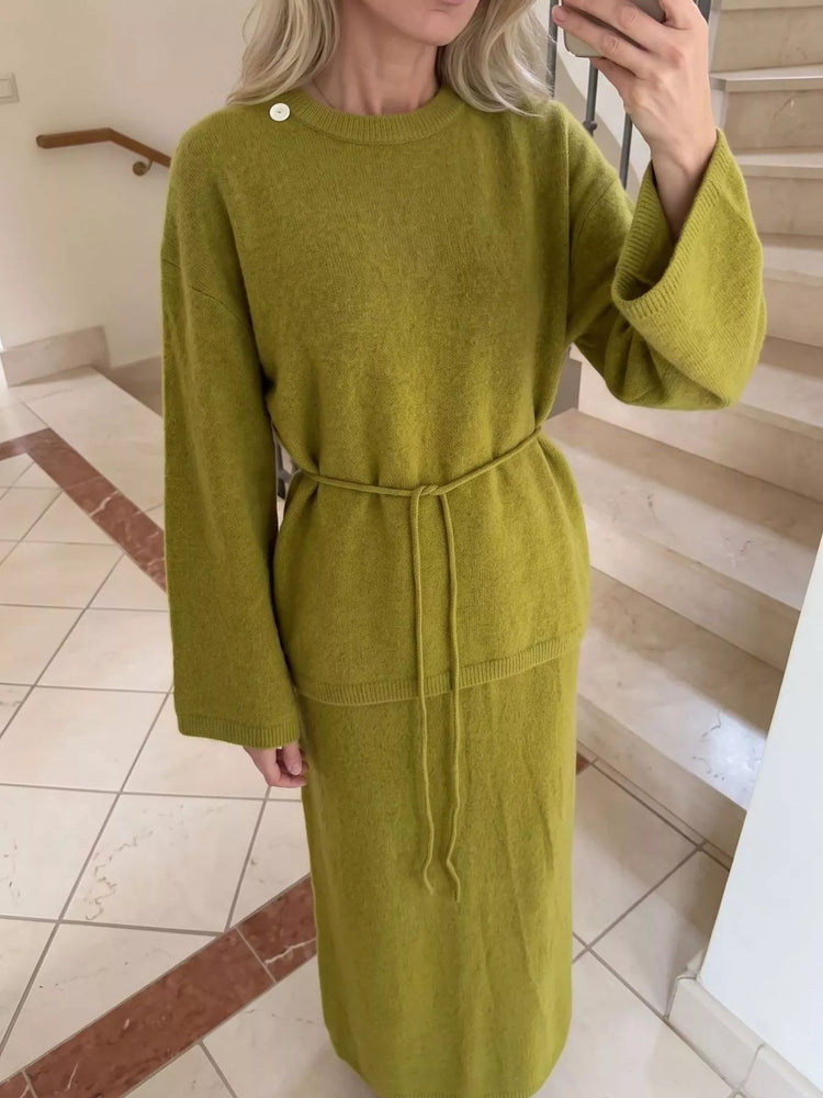 Waist-Tie Detail Sweater and Maxi Skirt Set