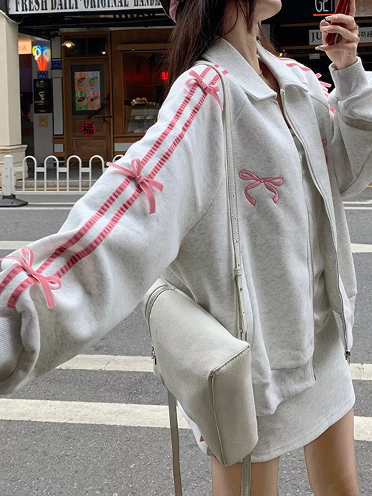 Bow Embroidered Zip-Up Sweatshirt