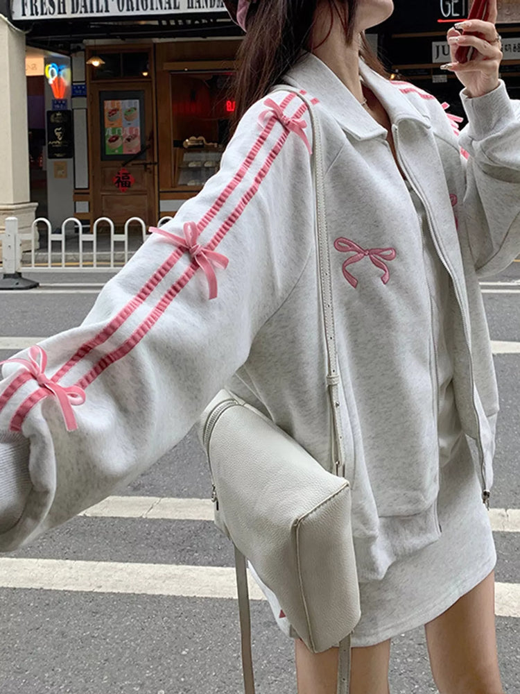 Bow Embroidered Zip-Up Sweatshirt