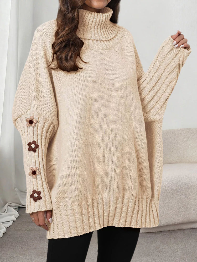 Oversized Turtleneck Sweater with Floral Applique Sleeves