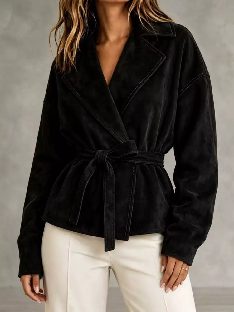 Tie-Waist Lapel Collar Jacket