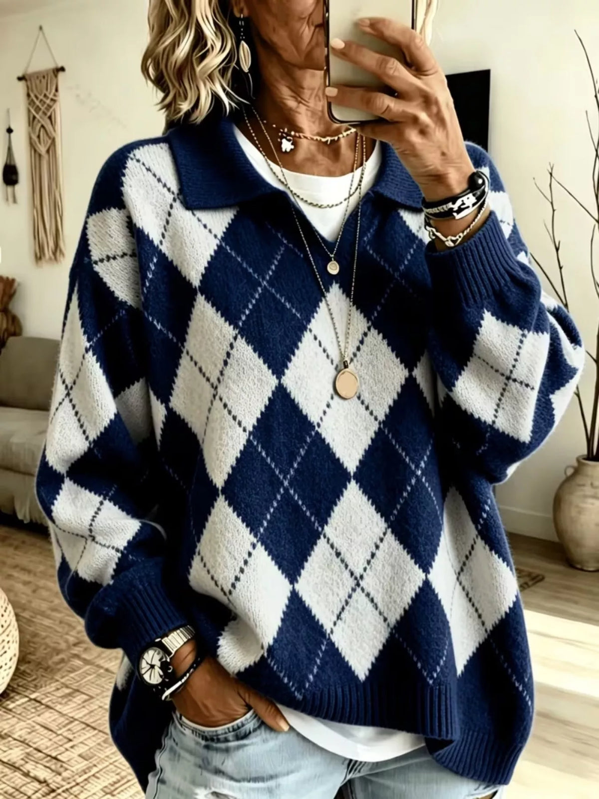 Argyle Pattern Collared Pullover Sweater