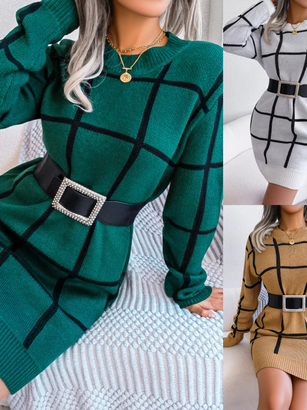 Plaid Pattern Long Sleeve Sweater Dress