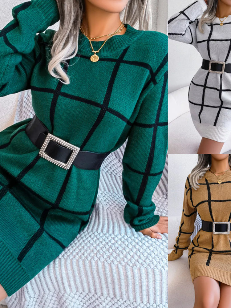 Plaid Pattern Long Sleeve Sweater Dress