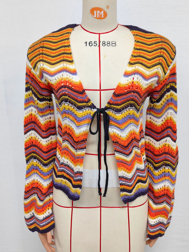 Vibrant Chevron Striped Tie-Front Knit Cardigan