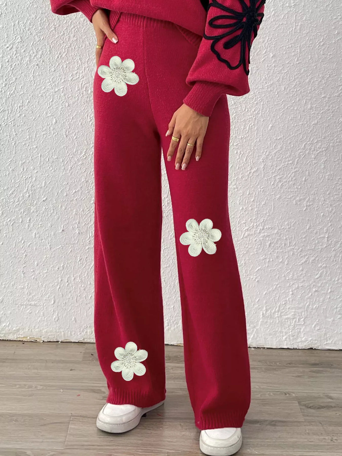 High-Waisted Wide-Leg Sweater Pants with Floral Beaded Decor