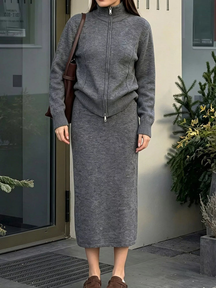 Zip-Up Mock Neck Cardigan and Matching Midi Skirt Sweater Set