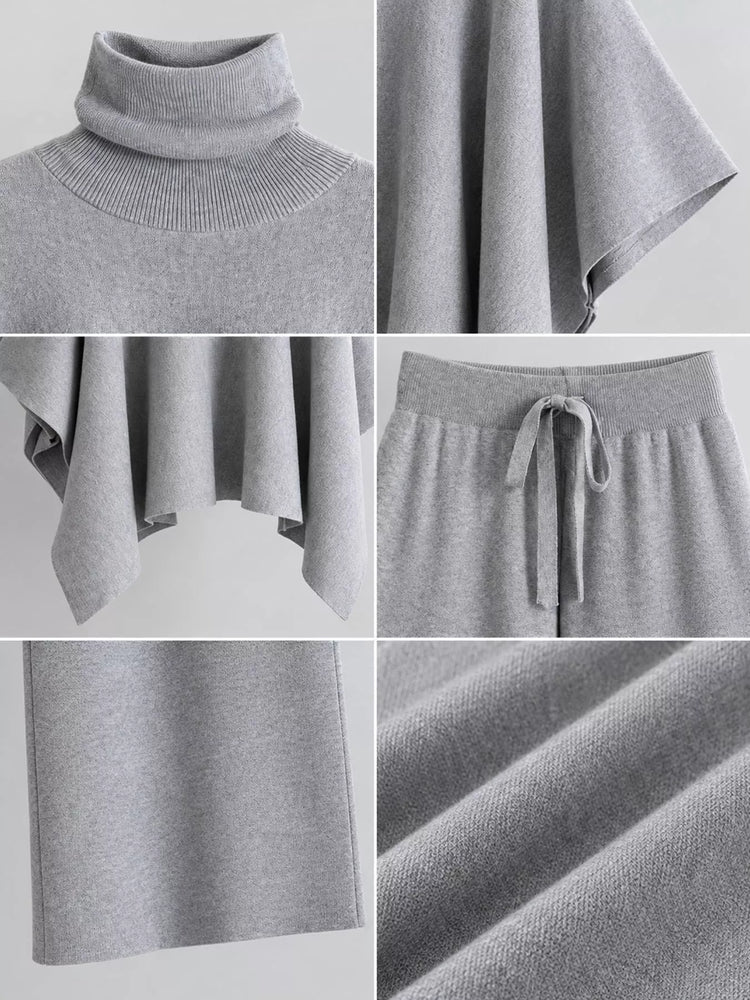 Elegant Turtleneck Poncho Sweater and Wide-Leg Knit Pants Set