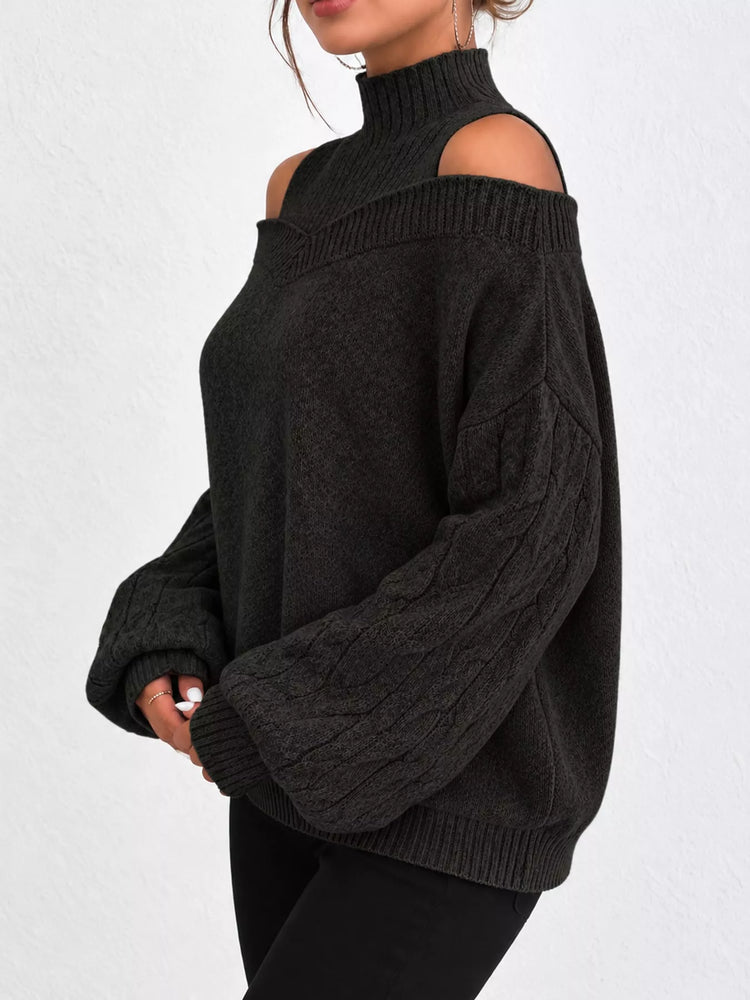 Full Size Cold Shoulder Mock Neck Cable Knit Sweater Plus Size