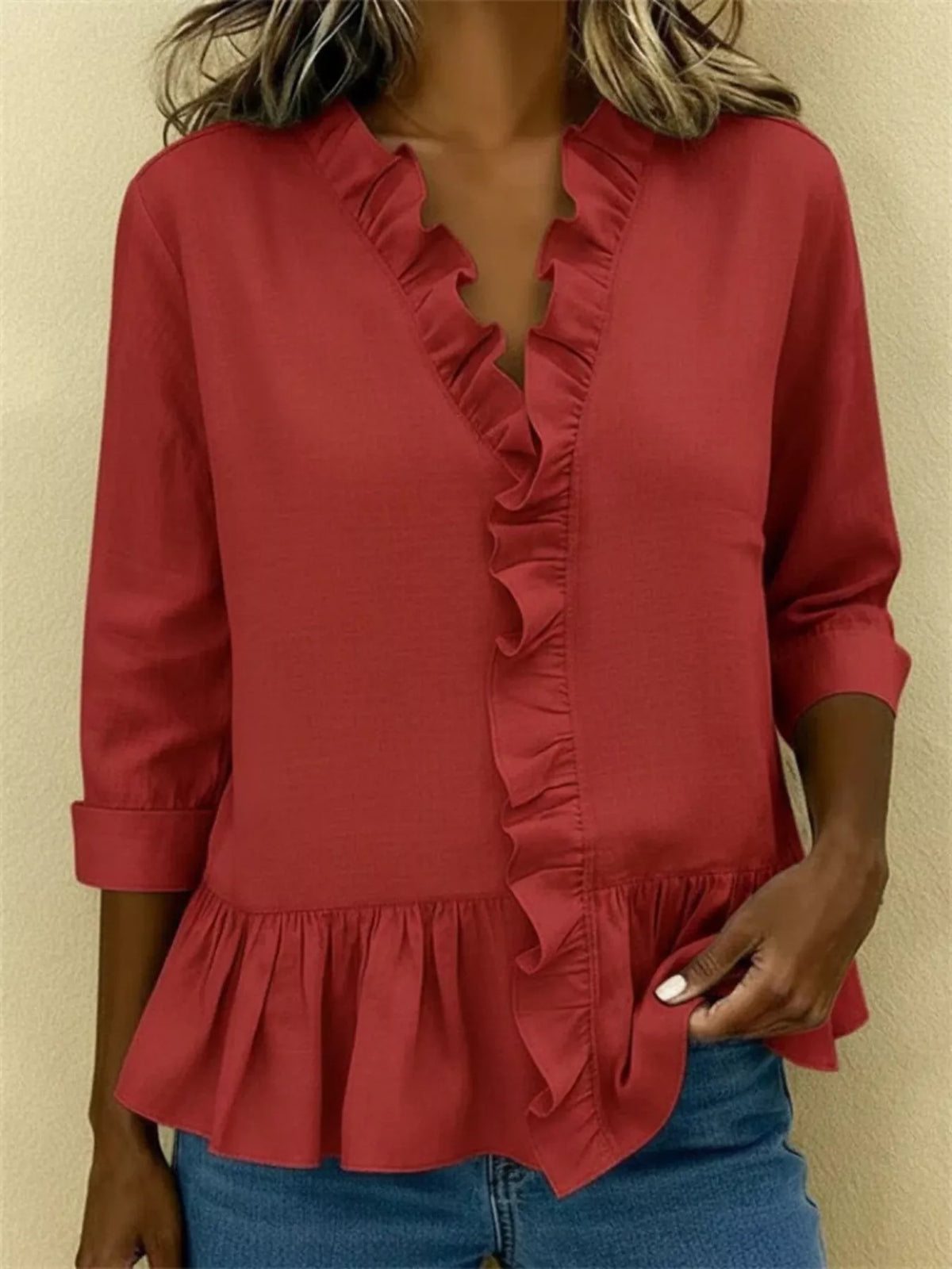 Full Size Ruffled V-Neck Long Sleeve Blouse Plus Size