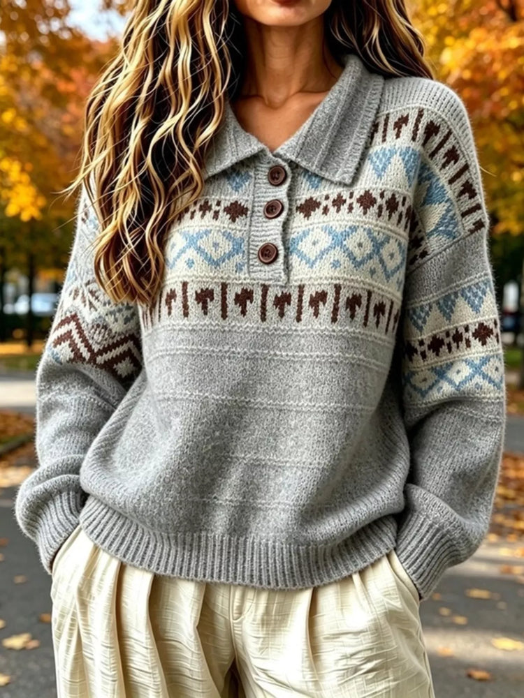 Full Size Vintage Fair Isle Pattern Polo Collar Sweater Plus Size