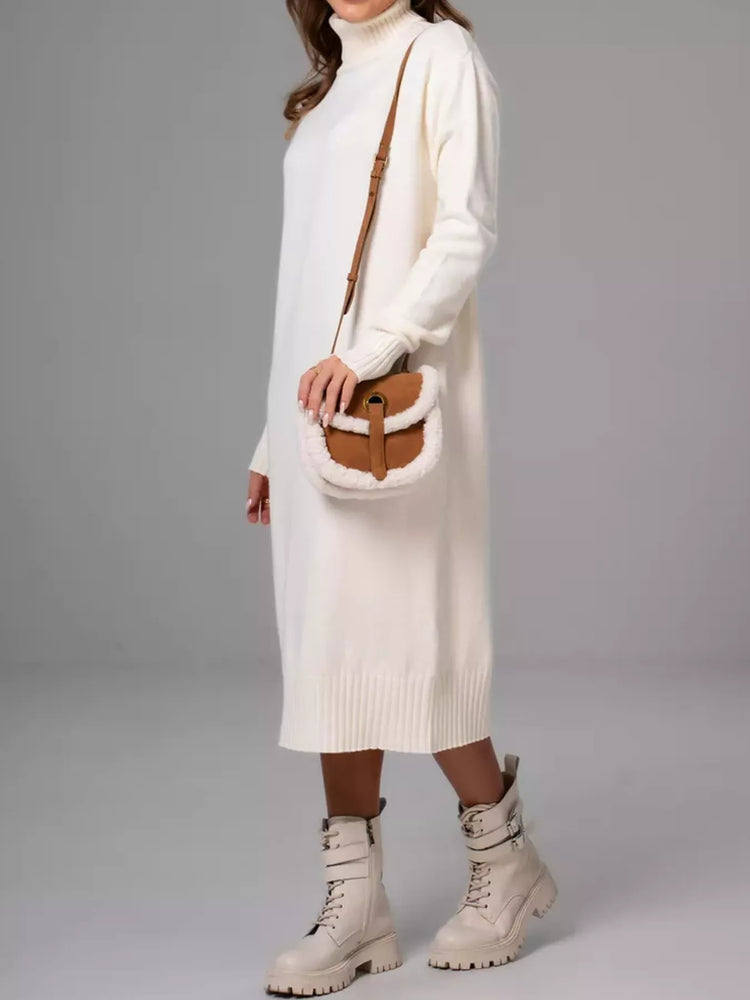 Turtleneck Ribbed Knit Sweater Dress