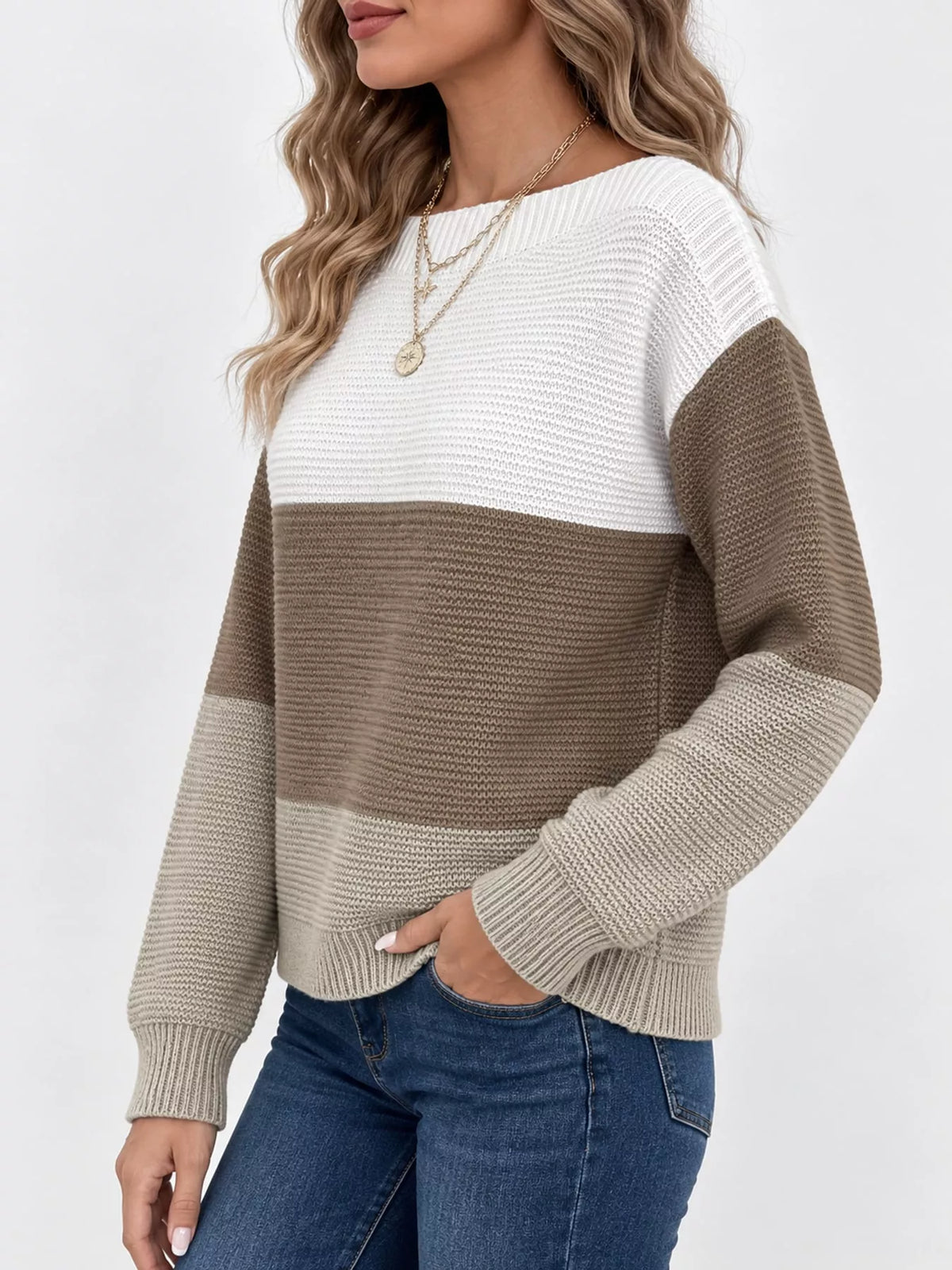 Full Size Color-Block Boat Neck Sweater Plus Size