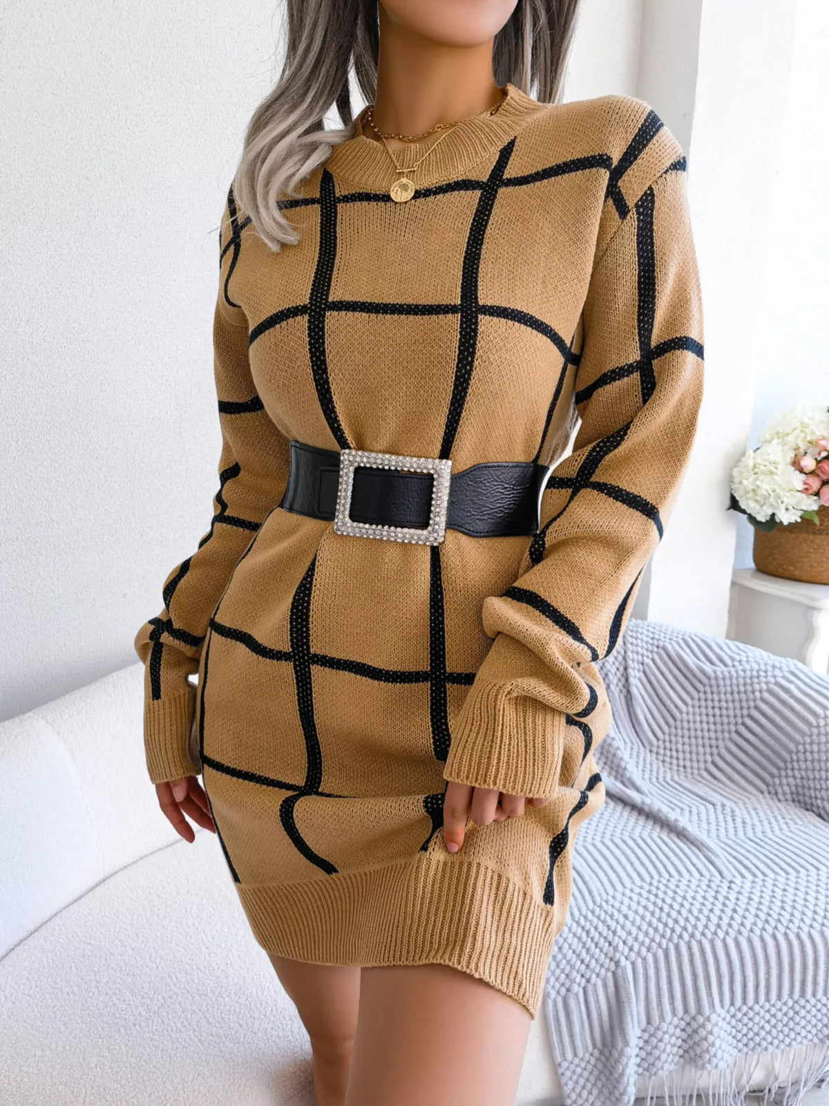 Plaid Pattern Long Sleeve Sweater Dress
