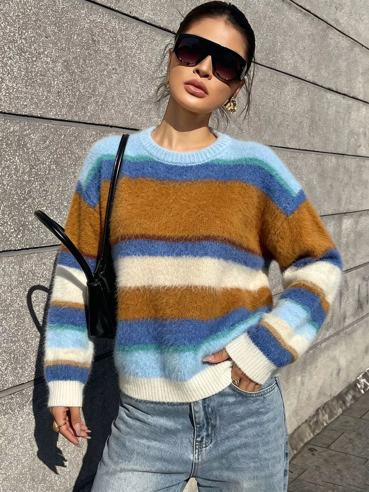 Fuzzy Striped Crew Neck Sweater