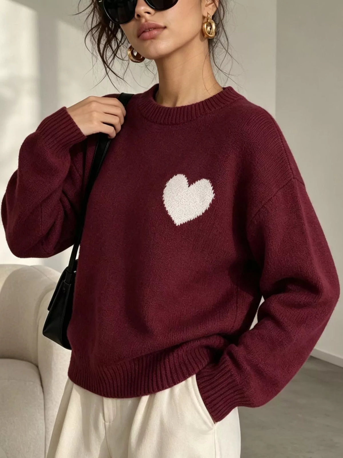 Heart Pattern Round Neck Sweater