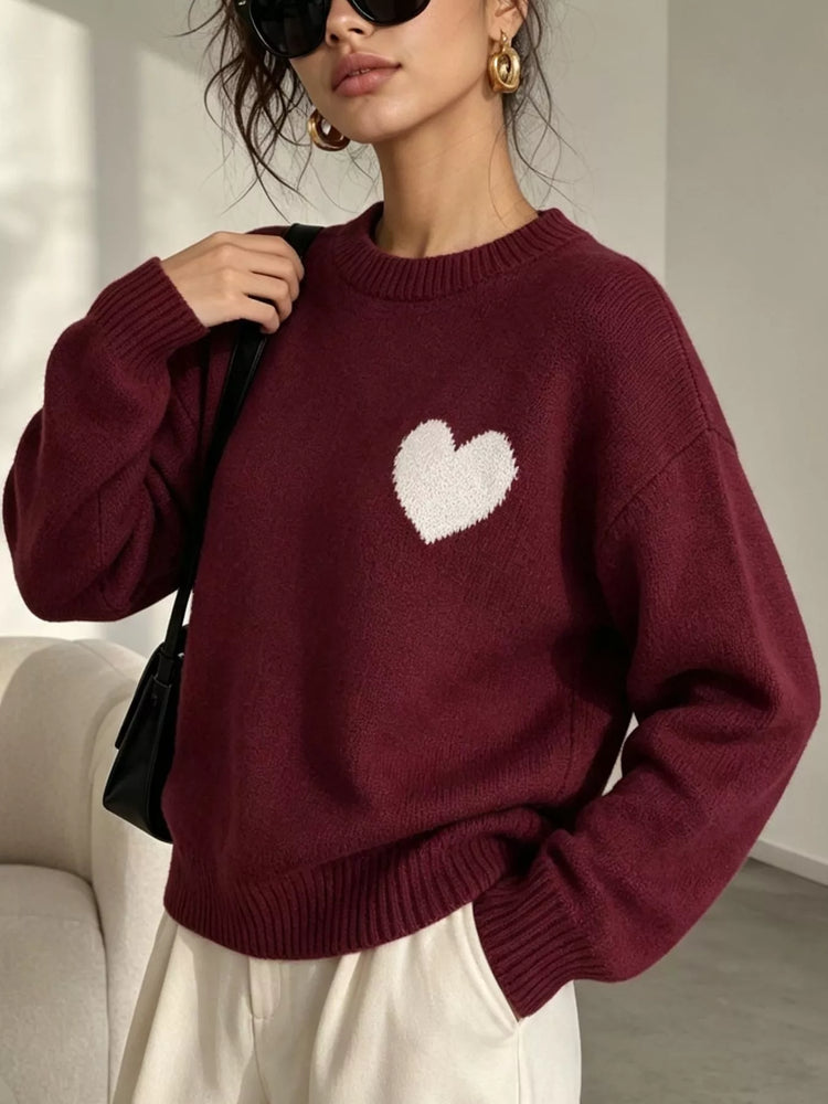 Heart Pattern Round Neck Sweater