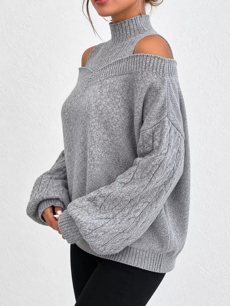 Full Size Cold Shoulder Mock Neck Cable Knit Sweater Plus Size