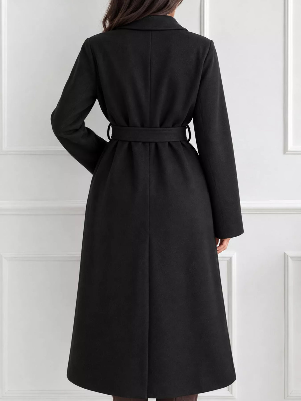 Lapel Collar Long Sleeve Belted Coat