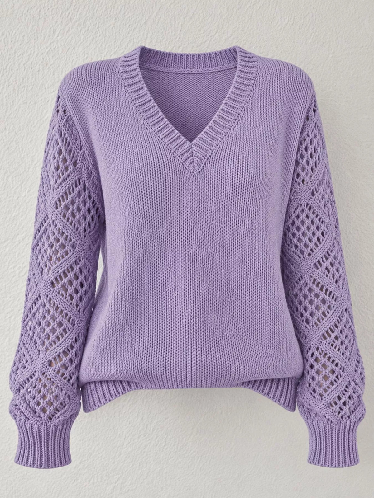 Full Size V-Neck Hollow-Out Long Sleeve Sweater Plus Size